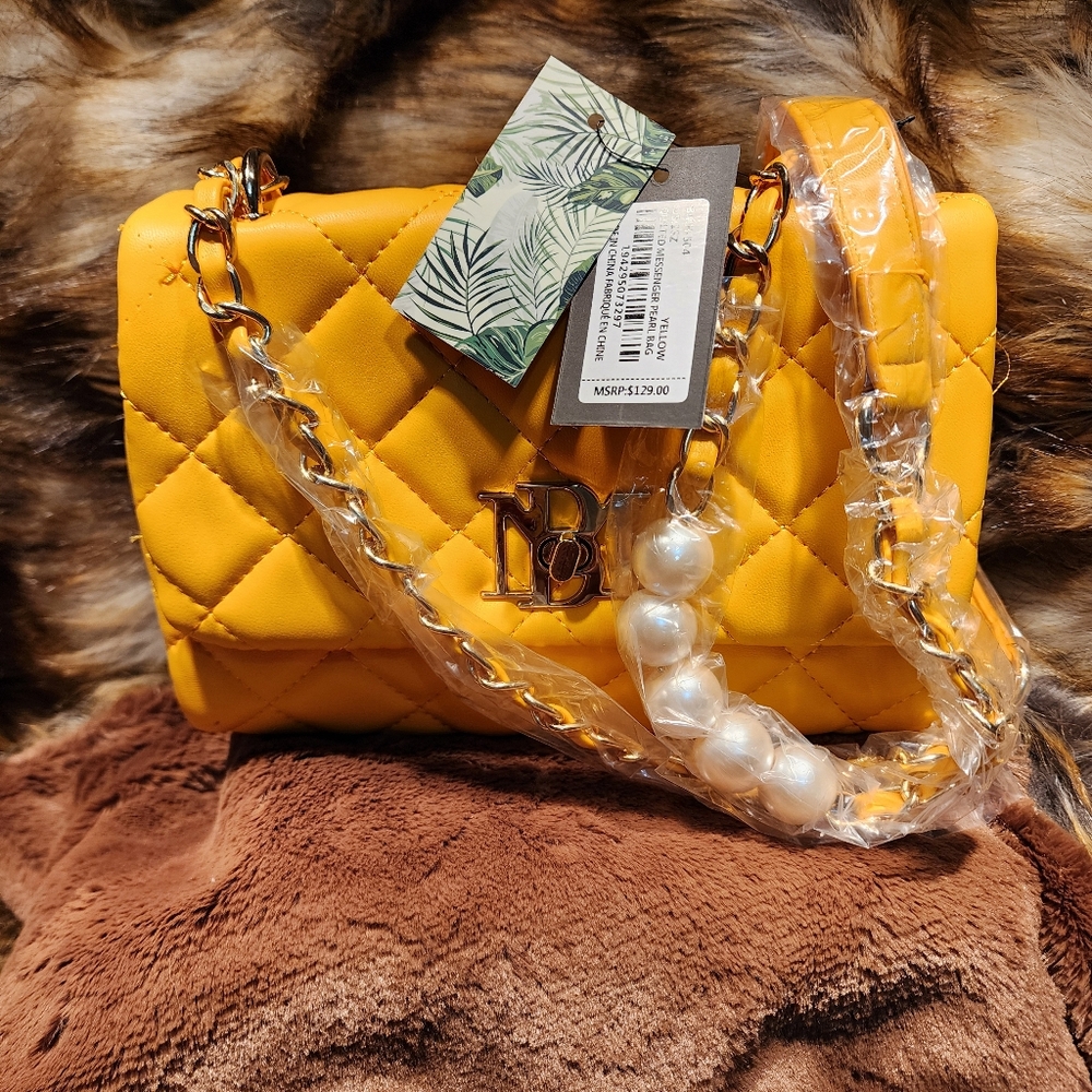 Badgley Mischka Yellow Quilted Shoulder Bag with Chain Strap